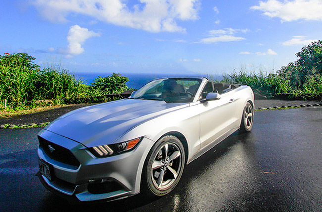 Mustang convertible parked in Maui